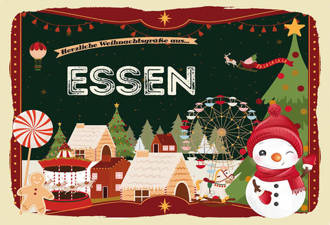 Schild Spruch Herzliche Weihnachtsgrüße aus Essen Comic Schneemann JW