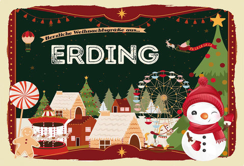 Schild Spruch Herzliche Weihnachtsgrüße aus Erding Comic Schneemann JW