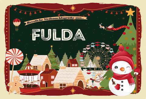 Schild Spruch Herzliche Weihnachtsgrüße aus Fulda Comic Schneemann JW