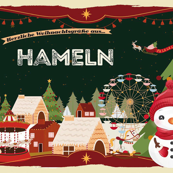 Schild Spruch Herzliche Weihnachtsgrüße aus Hameln Comic Schneemann JW