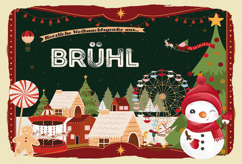 Schild Spruch Herzliche Weihnachtsgrüße aus Brühl Comic Schneemann JW