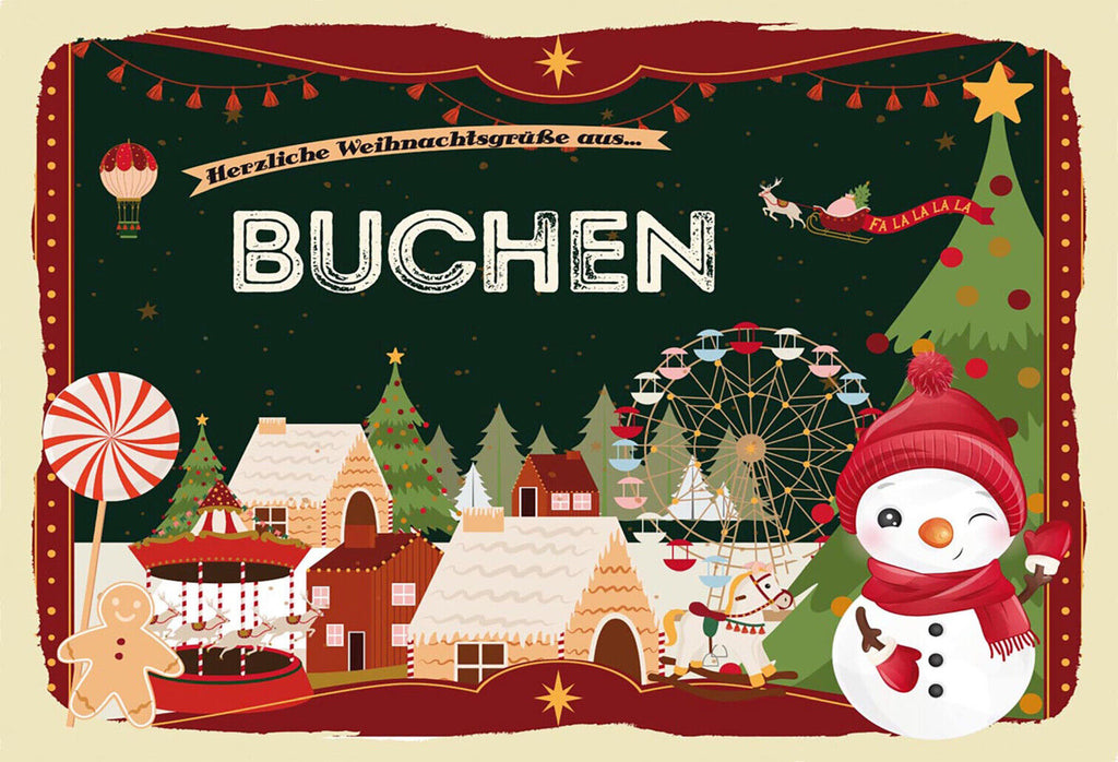 Schild Spruch Herzliche Weihnachtsgrüße aus Buchen Comic Schneemann JW