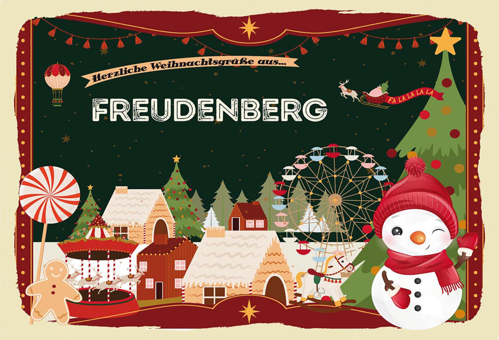 Schild Spruch Herzliche Weihnachtsgrüße aus Freudenberg Comic Schneemann JW