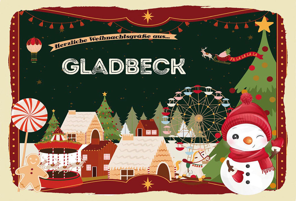 Schild Spruch Herzliche Weihnachtsgrüße aus Gladbeck Comic Schneemann JW