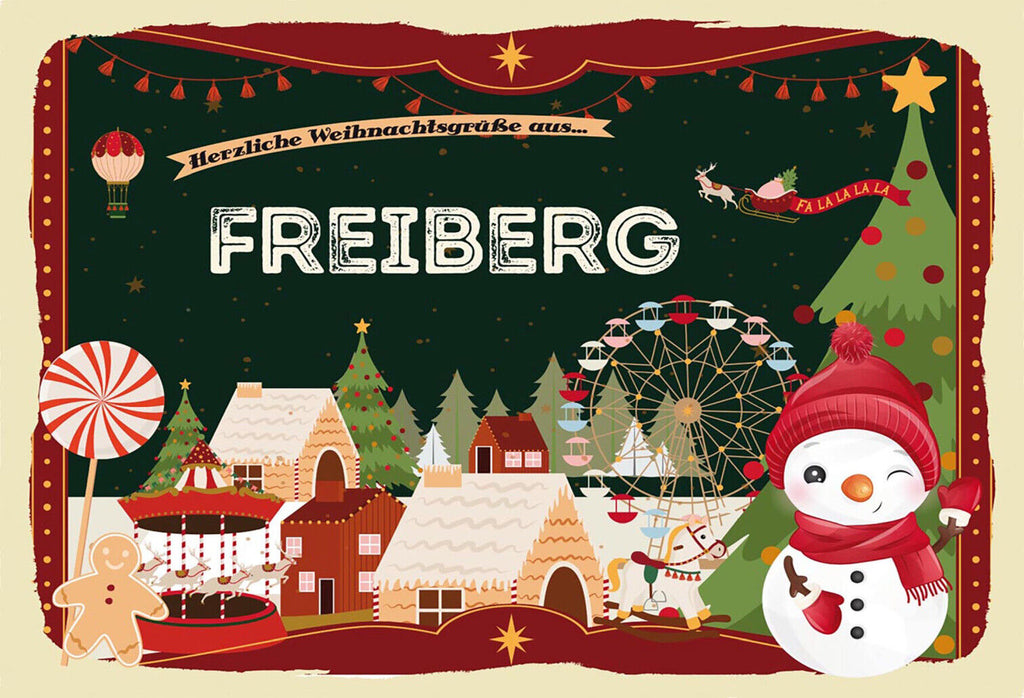 Schild Spruch Herzliche Weihnachtsgrüße aus Freiberg Comic Schneemann JW