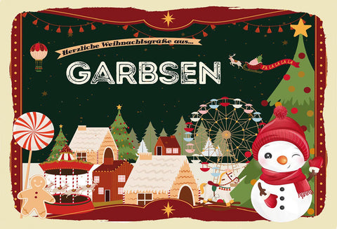 Schild Spruch Herzliche Weihnachtsgrüße aus Garbsen Comic Schneemann JW