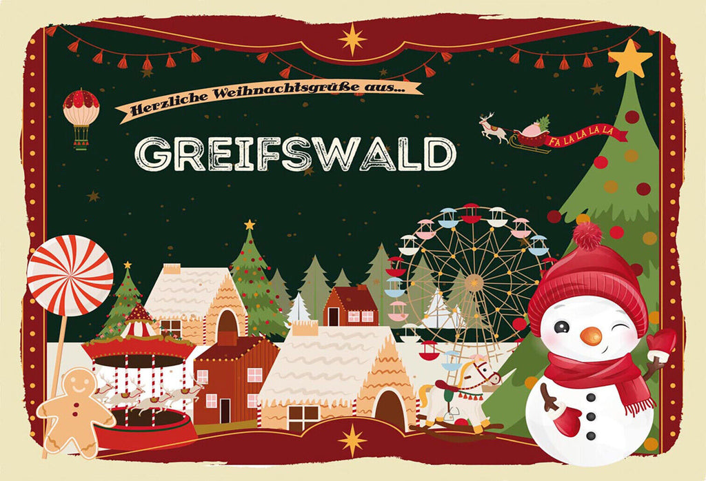 Schild Spruch Herzliche Weihnachtsgrüße aus Greifswald Comic Schneemann JW