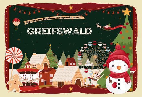 Schild Spruch Herzliche Weihnachtsgrüße aus Greifswald Comic Schneemann JW