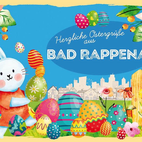Schild Spruch Herzliche Ostergrüße aus Bad Rappenau Osterhase Eier Comic JW