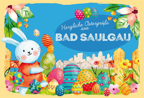Schild Spruch Herzliche Ostergrüße aus Bad Saulgau Osterhase Eier Comic JW