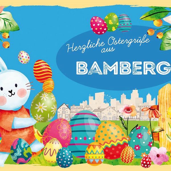 Schild Spruch Herzliche Ostergrüße aus Bamberg Osterhase Eier Comic JW