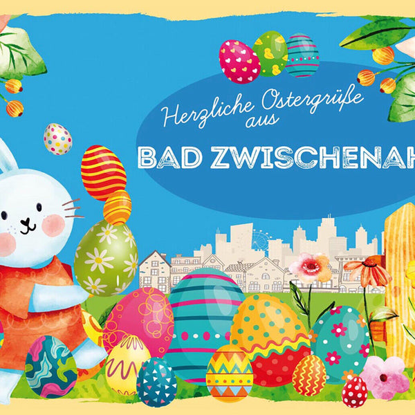 Schild Spruch Herzliche Ostergrüße aus Bad Zwischenahn Osterhase Eier Comic JW