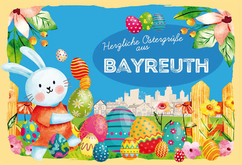 Schild Spruch Herzliche Ostergrüße aus Bayreuth Osterhase Eier Comic JW