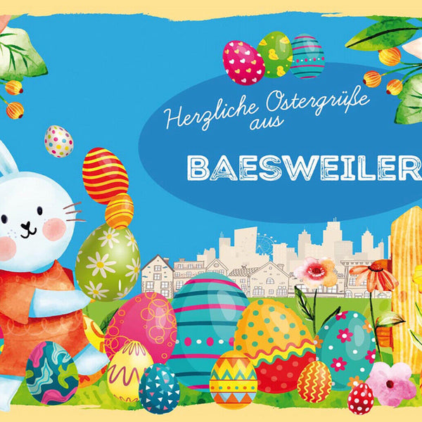 Schild Spruch Herzliche Ostergrüße aus Baesweiler Osterhase Eier Comic JW