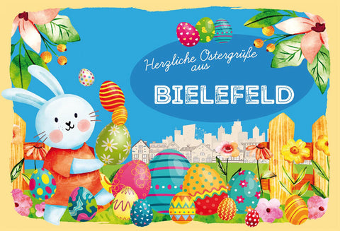 Schild Spruch Herzliche Ostergrüße aus Bielefeld Osterhase Eier Comic JW