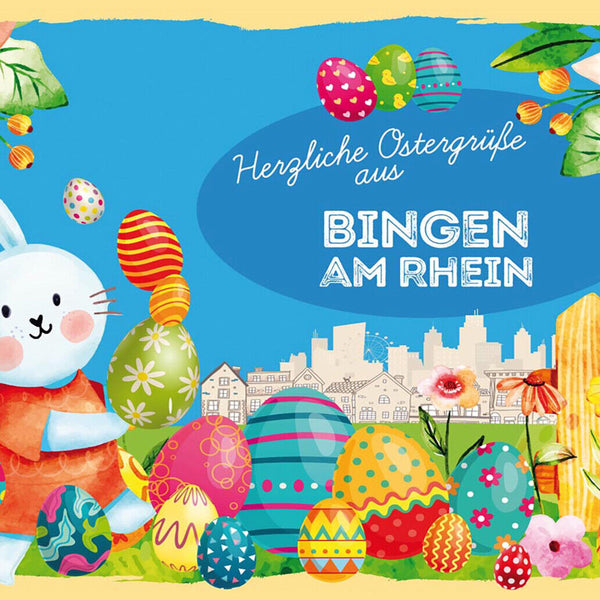 Schild Spruch Herzliche Ostergrüße aus Bingen am Rhein Osterhase Comic JW