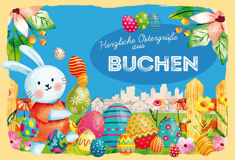 Schild Spruch Herzliche Ostergrüße aus Buchen Osterhase Eier Comic JW