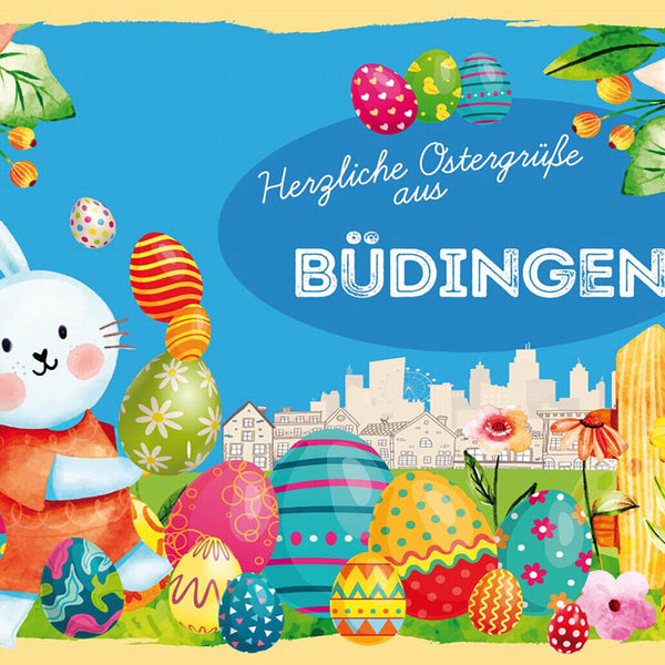 Schild Spruch Herzliche Ostergrüße aus Büdingen Osterhase Eier Comic JW