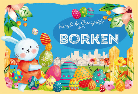 Schild Spruch Herzliche Ostergrüße aus Borken Osterhase Eier Comic JW