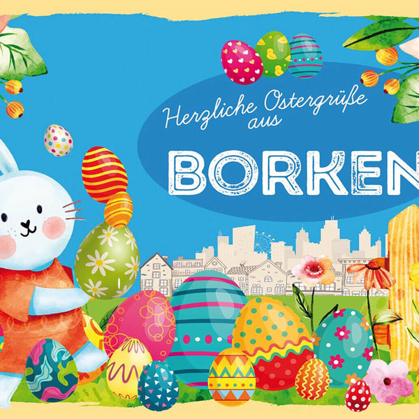 Schild Spruch Herzliche Ostergrüße aus Borken Osterhase Eier Comic JW