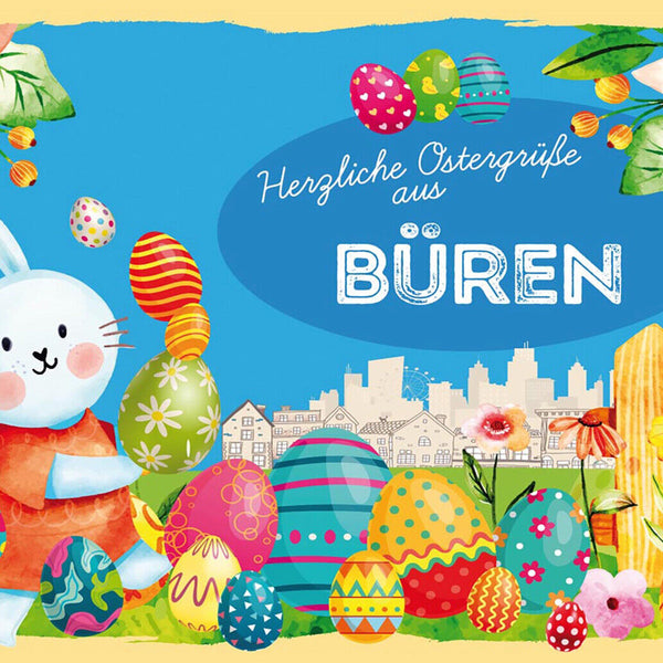 Schild Spruch Herzliche Ostergrüße aus Büren Osterhase Eier Comic JW