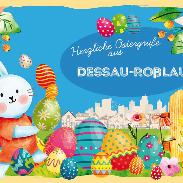 Schild Spruch Herzliche Ostergrüße aus Dessau-Roßlau Osterhase Comic JW