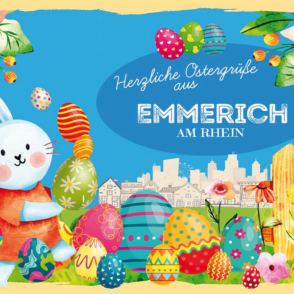 Schild Spruch Herzliche Ostergrüße aus Emmerich am Rhein Osterhase Comic JW