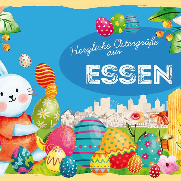 Schild Spruch Herzliche Ostergrüße aus Essen Osterhase Eier Comic JW