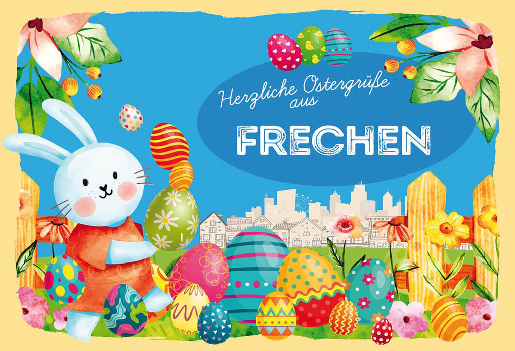 Schild Spruch Herzliche Ostergrüße aus Frechen Osterhase Eier Comic JW