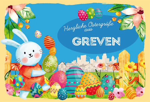 Schild Spruch Herzliche Ostergrüße aus Greven Osterhase Eier Comic JW