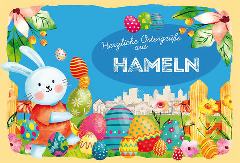 Schild Spruch Herzliche Ostergrüße aus Hameln Osterhase Eier Comic JW