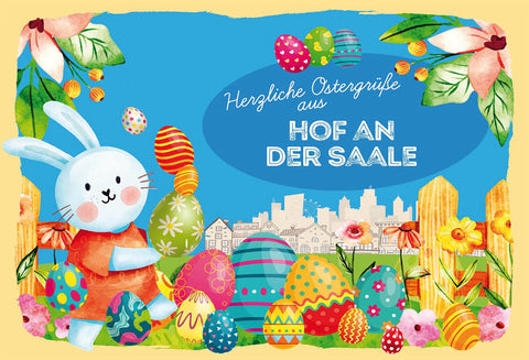 Schild Spruch Herzliche Ostergrüße aus Hof an der Saale Osterhase Eier Comic JW