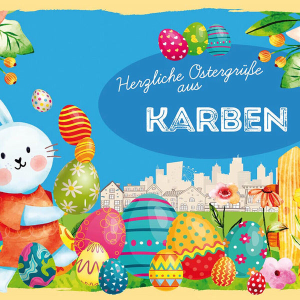 Schild Spruch Herzliche Ostergrüße aus Karben Osterhase Eier Comic JW