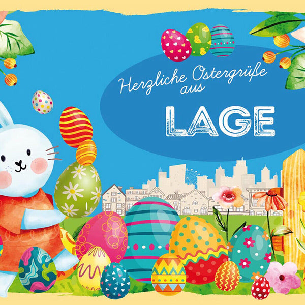 Schild Spruch Herzliche Ostergrüße aus Lage Osterhase Eier Comic JW