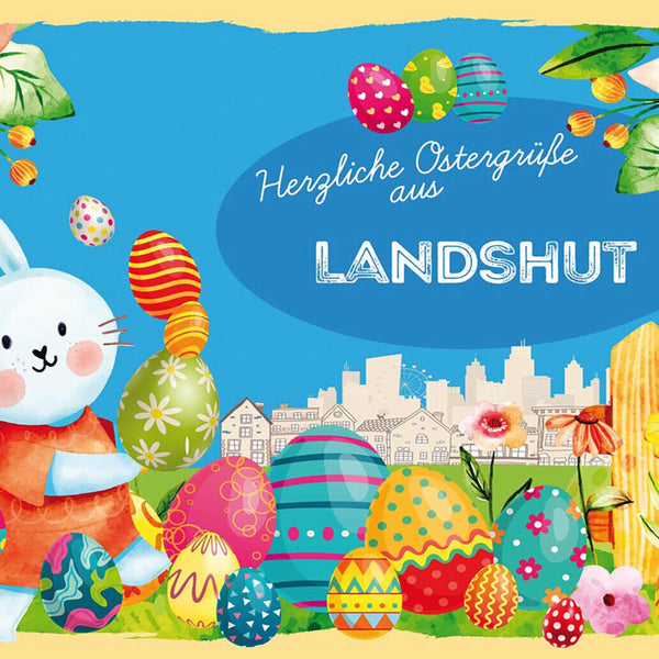 Schild Spruch Herzliche Ostergrüße aus Landshut Osterhase Eier Comic JW