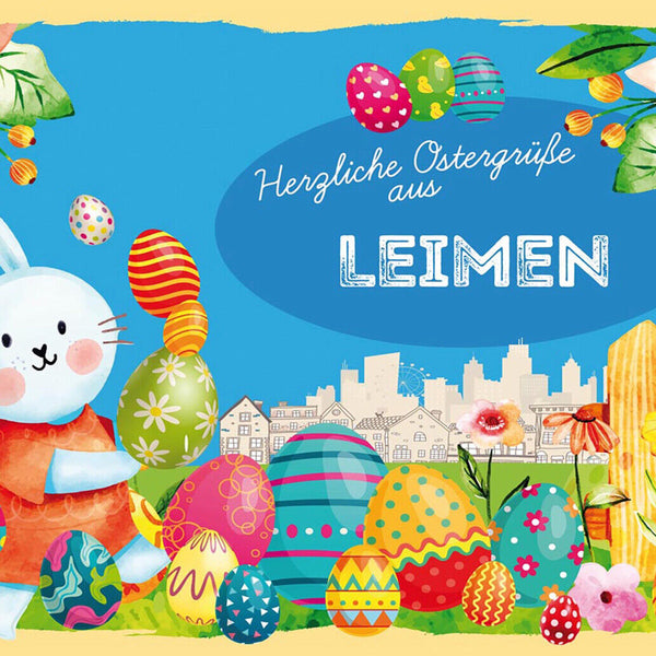 Schild Spruch Herzliche Ostergrüße aus Leimen Osterhase Eier Comic JW