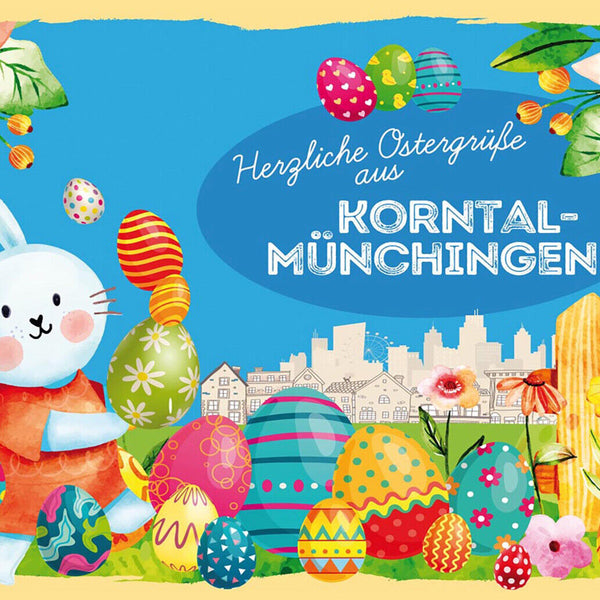 Schild Spruch Herzliche Ostergrüße aus Korntal-Münchingen Osterhase Comic JW