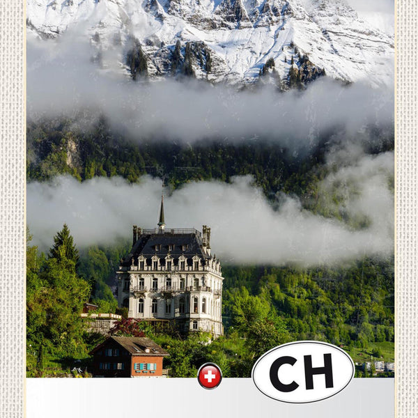 Schild Spruch Confoederatio Helvetica Switzerland Schweiz Berge Schloss Wald JW