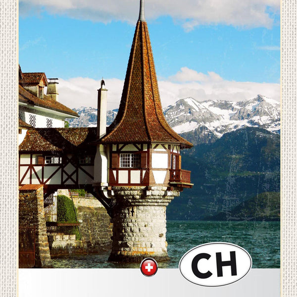 Schild Spruch Confoederatio Helvetica Switzerland Schweiz See Berge Schloss JW
