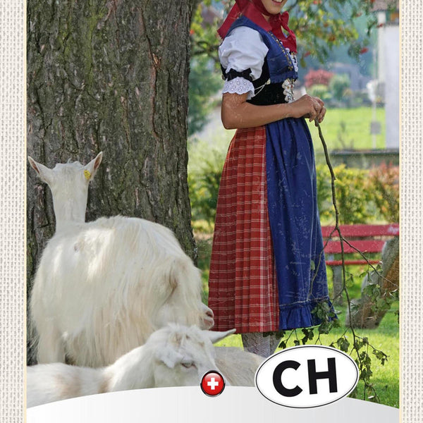 Schild Spruch Confoederatio Helvetica Switzerland Schweiz Mädchen Heidi Ziege JW