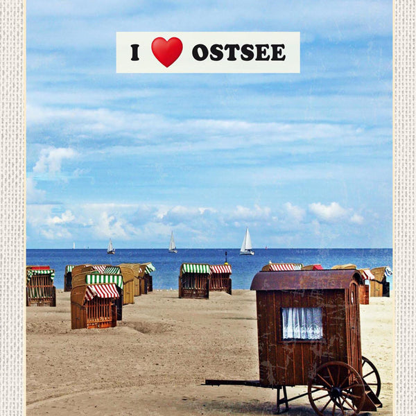 Schild Spruch I Love Ostsee Deutschland Meer Strankörbe Strand Schiffe JW