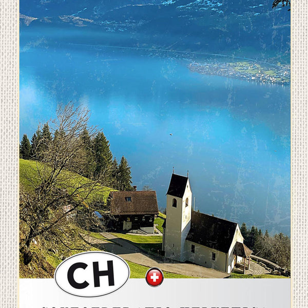 Schild Spruch Confoederatio Helvetica Switzerland Schweiz See Berge Kirche JW