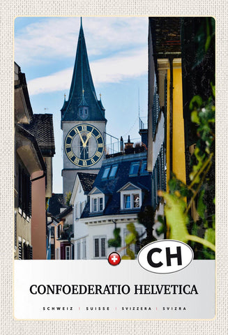 Schild Spruch Confoederatio Helvetica Switzerland Schweiz Krichturm Dorf JW