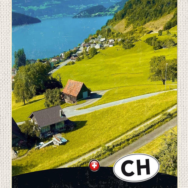 Schild Spruch Confoederatio Helvetica Switzerland Schweiz See Berge Dorf JW