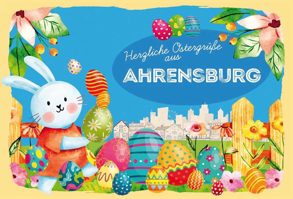 Schild Spruch Herzliche Ostergrüße aus Ahrensburg Osterhase Eier Comic JW