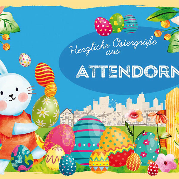 Schild Spruch Herzliche Ostergrüße aus Attendorn Osterhase Eier Comic JW