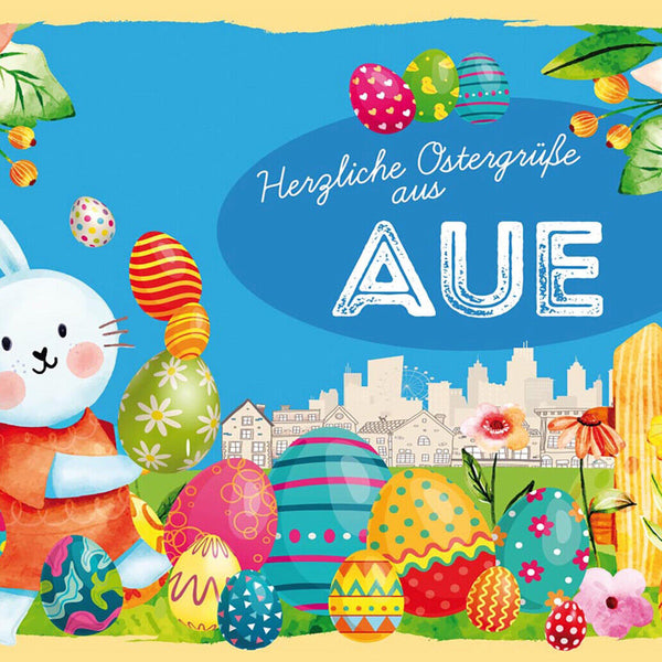 Schild Spruch Herzliche Ostergrüße aus Aue Osterhase Eier Comic JW