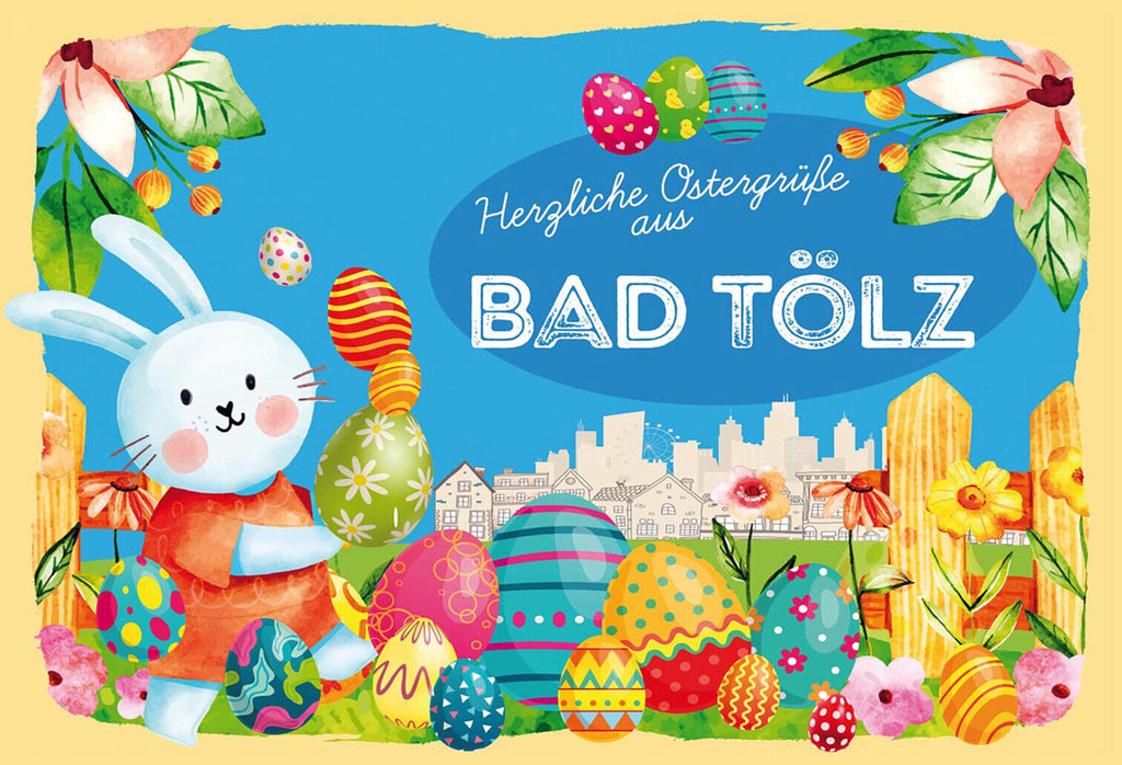 Schild Spruch Herzliche Ostergrüße aus Bad Tölz Osterhase Eier Comic JW