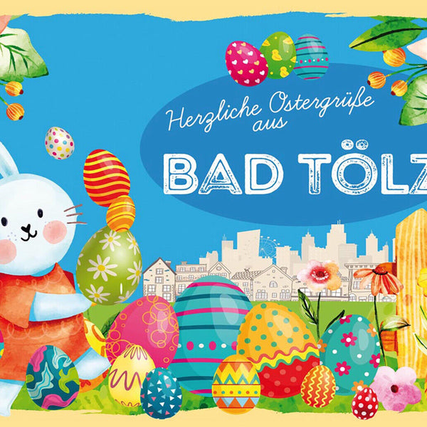 Schild Spruch Herzliche Ostergrüße aus Bad Tölz Osterhase Eier Comic JW