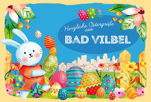 Schild Spruch Herzliche Ostergrüße aus Bad Vilbel Osterhase Eier Comic JW